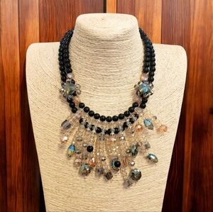 Boho Statement Bib Necklace | Aurora Borealis Crystal & Jet Black Pearl Beads